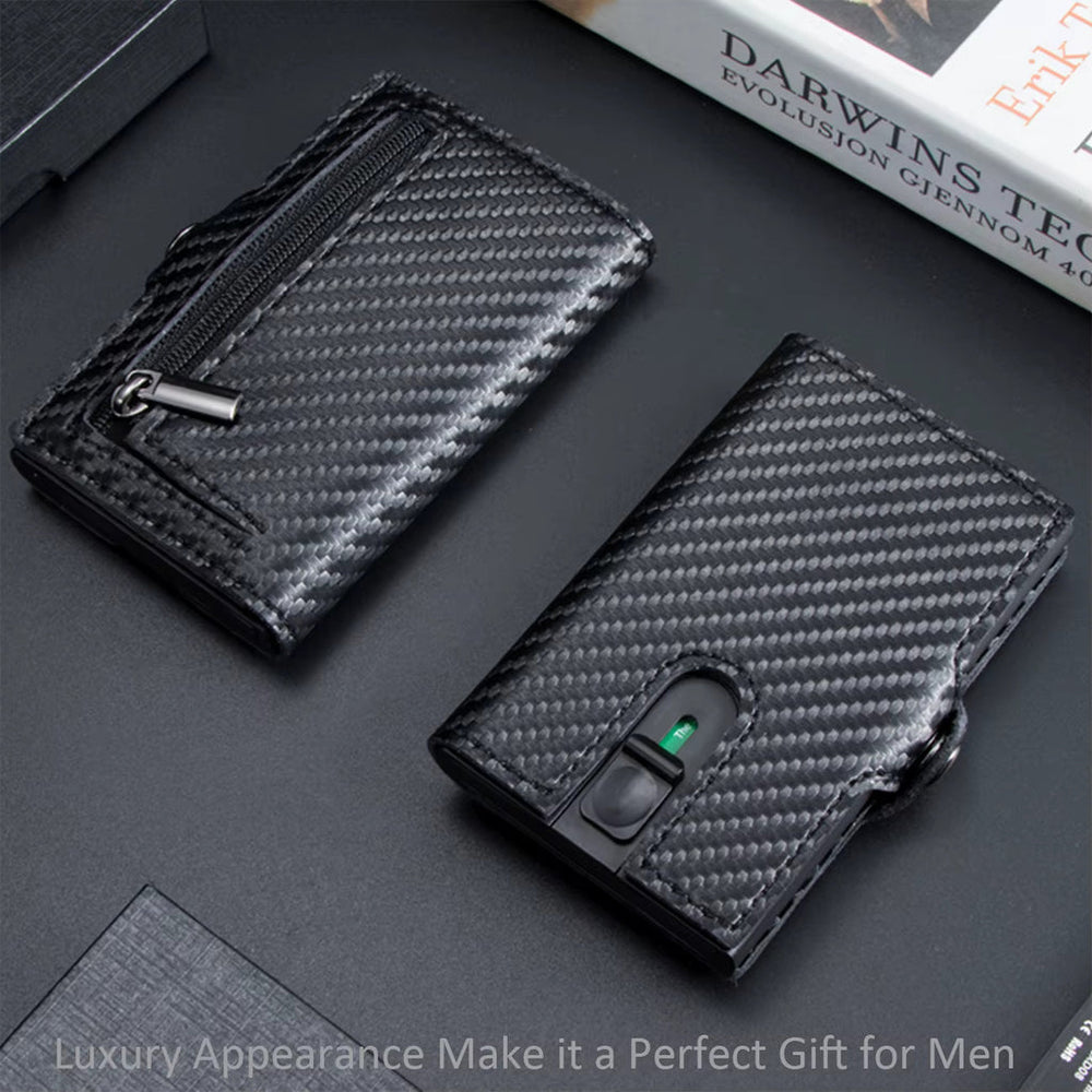 Men's Sleek Business Wallet - RFID Blocking, Carbon Fiber Pattern with Aluminum Alloy & Faux Leather, Ultra-Thin Credit Card Holder with Pop-Up Slot - Black