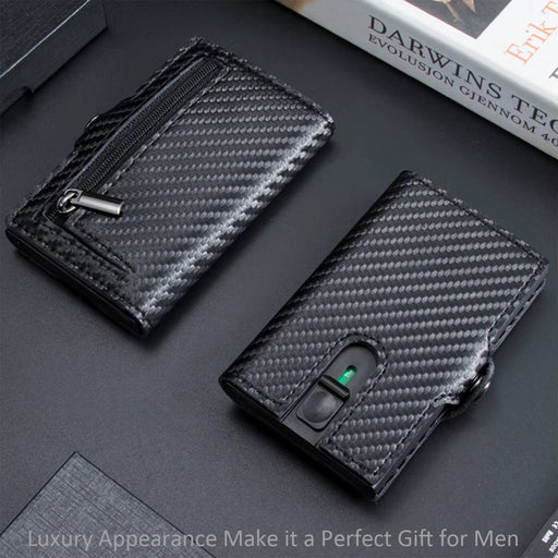 Men's Sleek Business Wallet - RFID Blocking, Carbon Fiber Pattern with Aluminum Alloy & Faux Leather, Ultra-Thin Credit Card Holder with Pop-Up Slot - Black